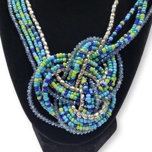 Multistrand Celtic Knot Necklace Blue Green Silver Tone Beaded Statement 20"